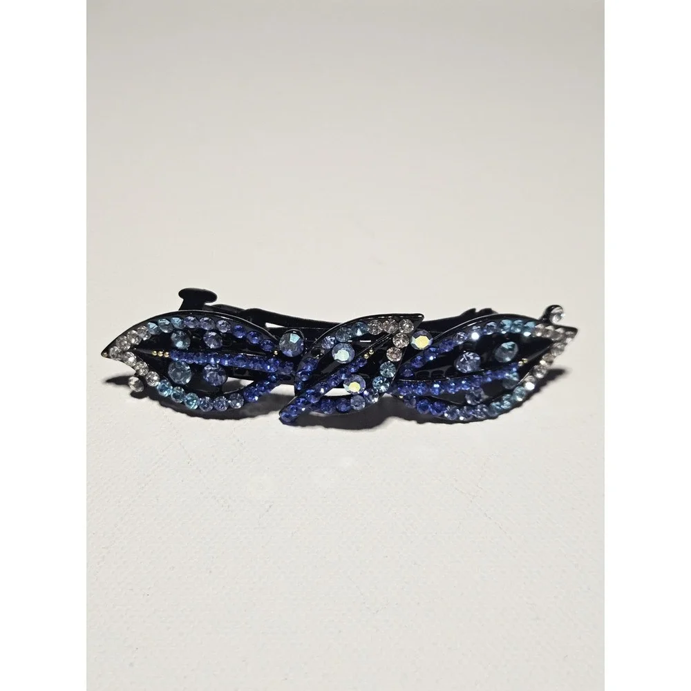 Blue Rhinestone Leaf Hair Barrette Crystal Sparkly Navy Teal Wave Clip Women
